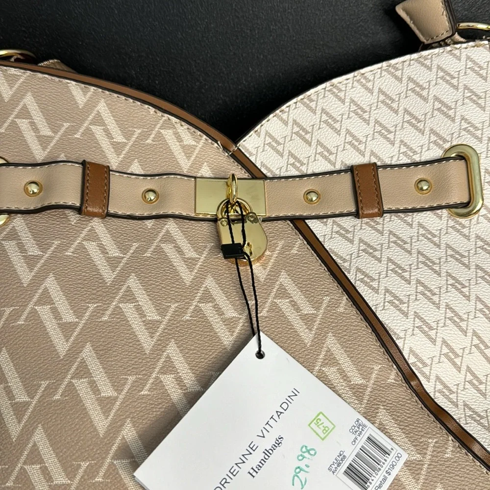 NWT Adrienne Vittadini Serafina Signature Collection Hobo Handbag in Taupe/Cream